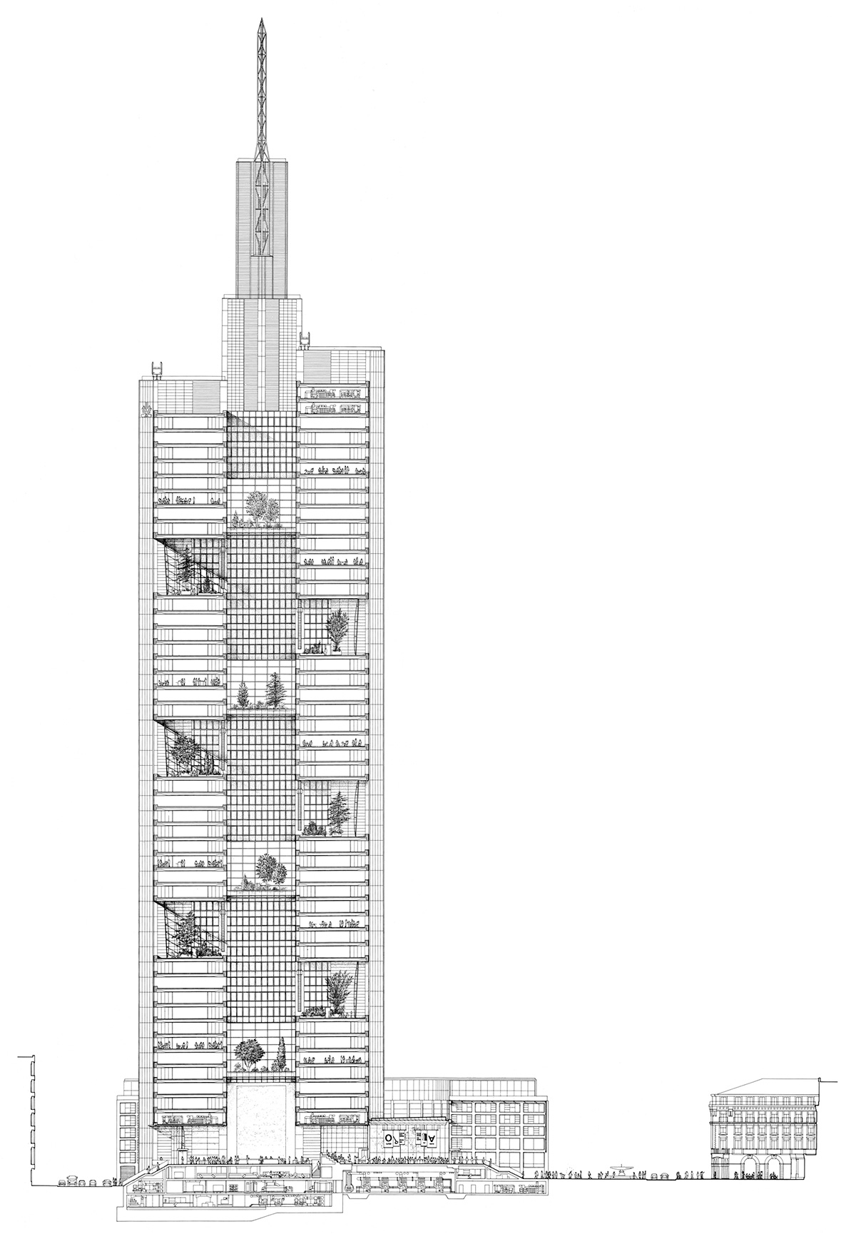 Section through the Commerzbank Tower in Frankfurt by Foster + Partners showing the sky gardens dispersed throughout the structure. These allow more natural light to penetrate the interior, reducing the need for artificial sourcesand cultivating a general sense of well being. Despite its scale, Commerzbank was one ofthe first genuinely ‘ecological’ skyscrapers.